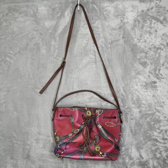 Talbots Leather Bucket Bag Womens Brown Red Equestrian Print Drawstring Shoulder - Picture 2 of 15